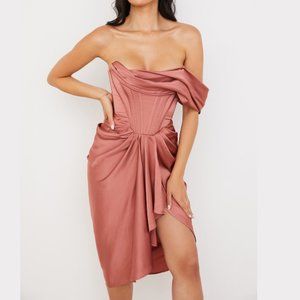 House of CB Janis Rouge Satin One Shoulder Draped Midi Dress Sz L+